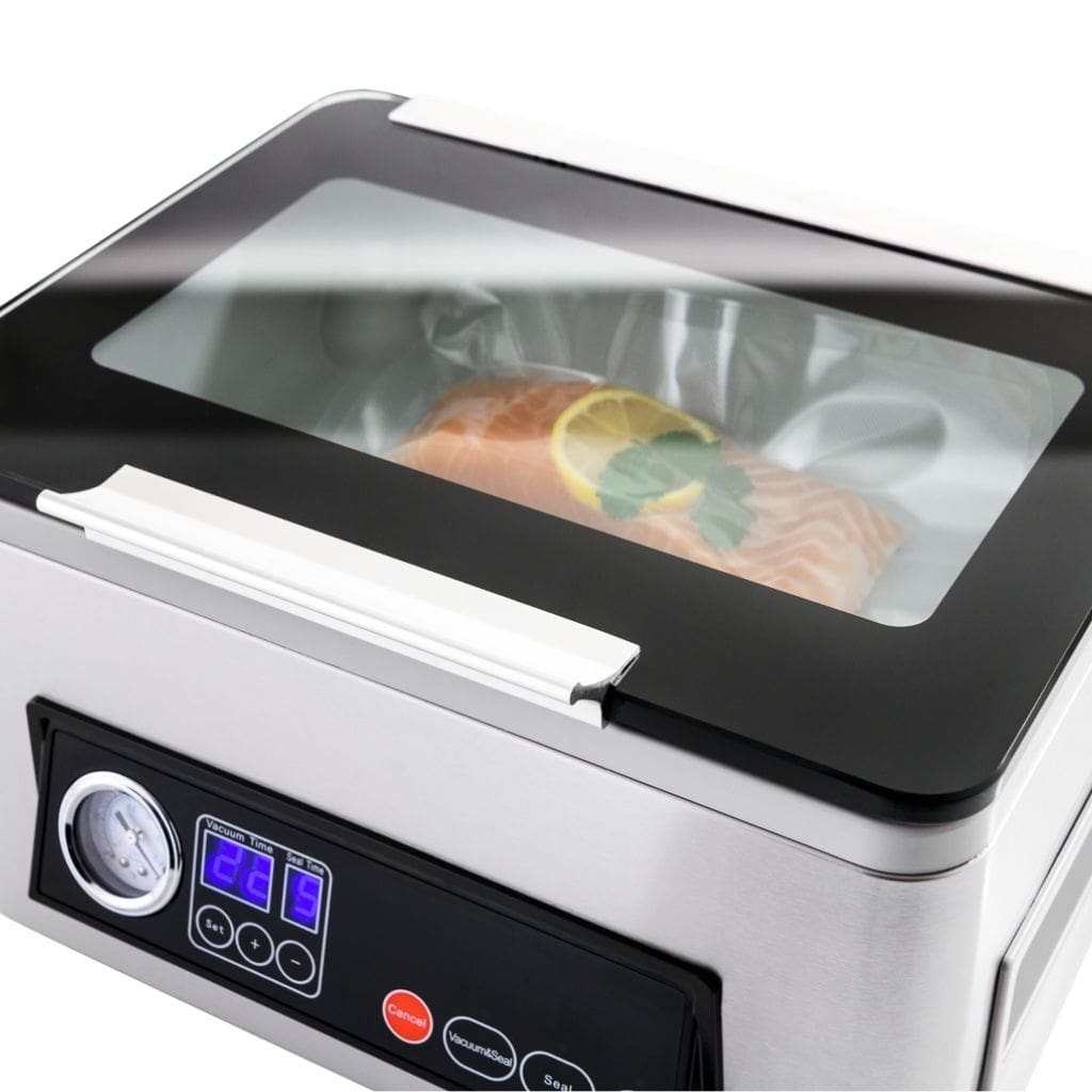 Proline D4 Vacuum Chamber Sealer Looking Through Glass Lid with Salmon Vacuum Sealing