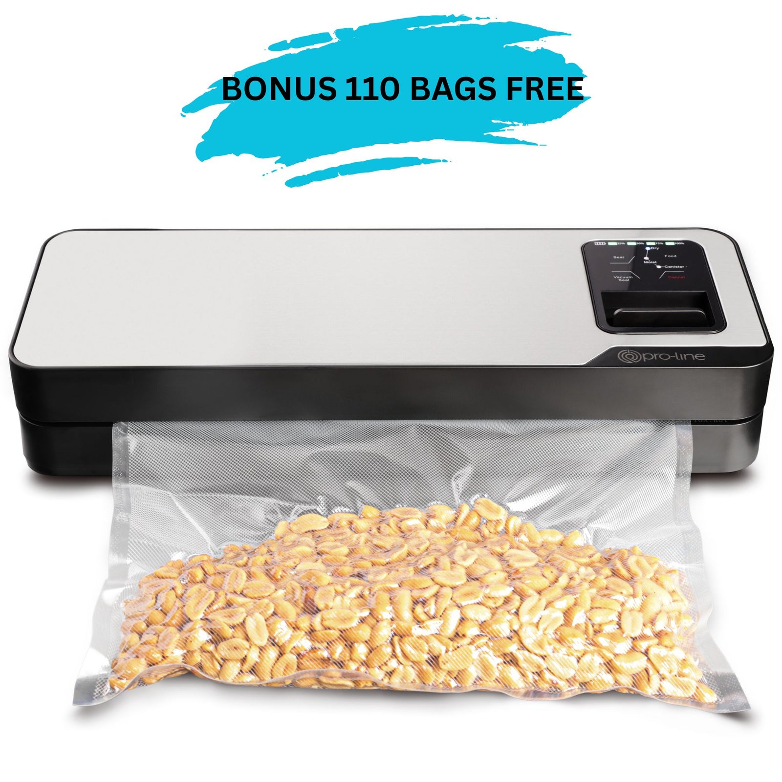Pro-line VS-B1 Cordless Vacuum Sealer Cryovac Machine Rechargeable & Portable Showing Vacuumed Sealed Peanuts with Sous Vide Chef Special Offer of 110 Bags Free bonus