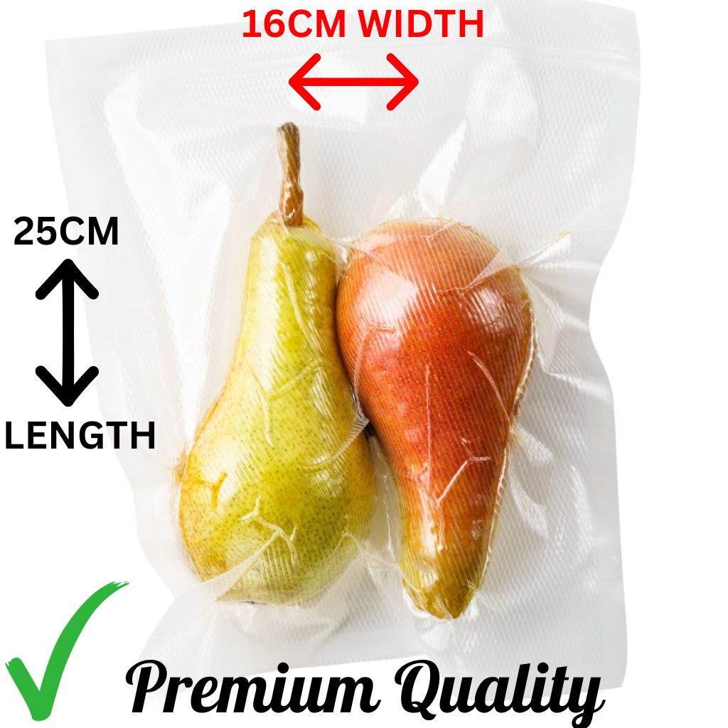 Vacuum Sealer Bags Cryovac Machine Bags showing the size 16cm x 25cm length with vacuum sealed fruit Heavy Duty Thick 150m Microns 