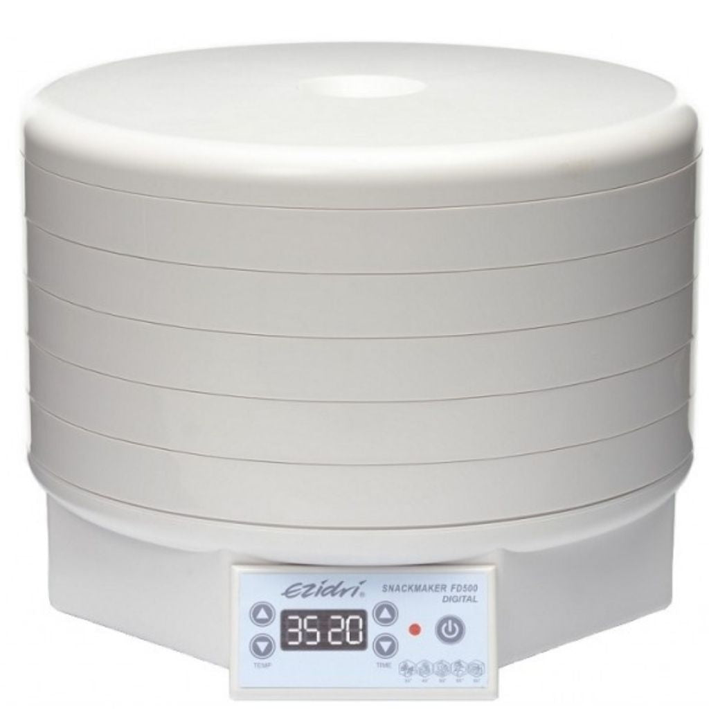 Ezidri Dehydrator FD500 Digital Fruit Dryer picture of front of unit with 5 trays and lid