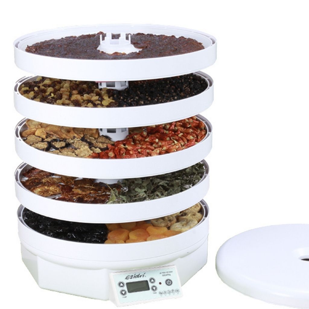 Ezidri Dehydrator Ultra FD1000 Fruit Dryer  showing trays with different foods being dehydrated