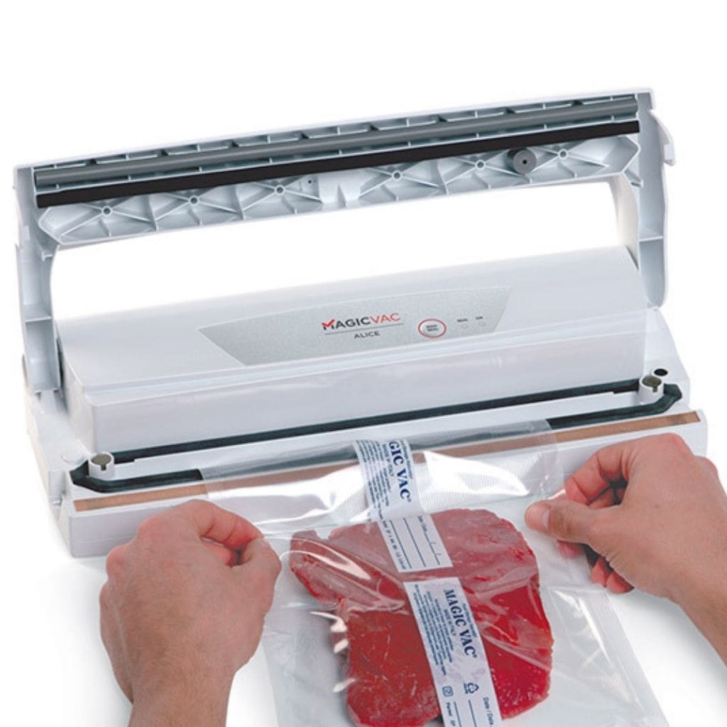 Magic Vac Alice Food Vacuum Sealer Cryovac Machine Placing Vacuum Sealer Bag in Vacuum Sealer