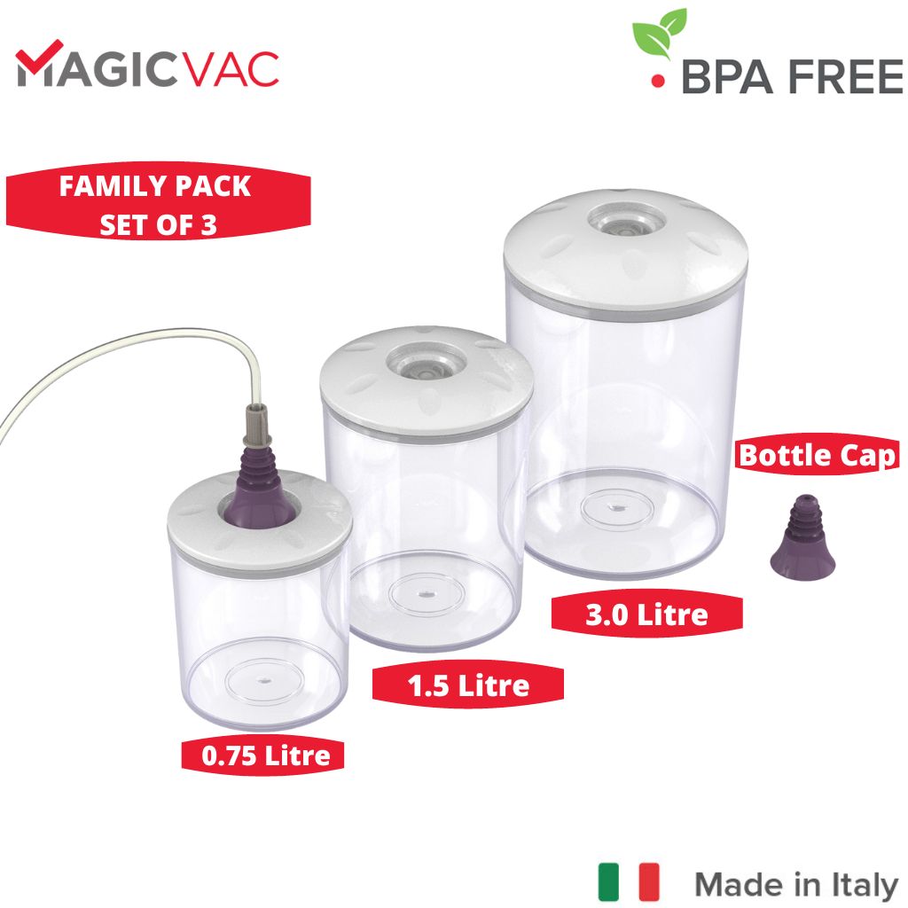 Magic Vac Set of 3 Canisters Family Pack Includes Bottle Cap