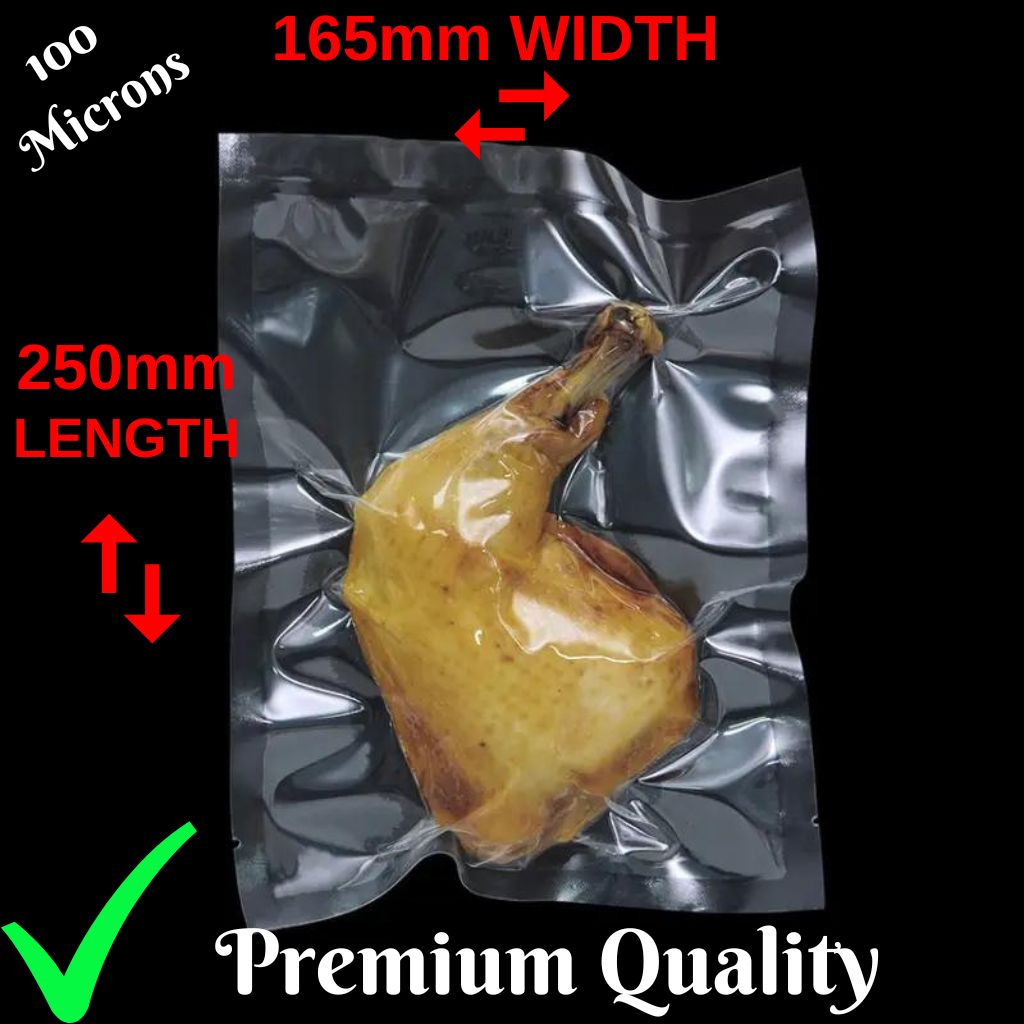 Pro-line Vacuum CHamber Sealer Bags showing food vacuumed sealed and size dimensions of the bag