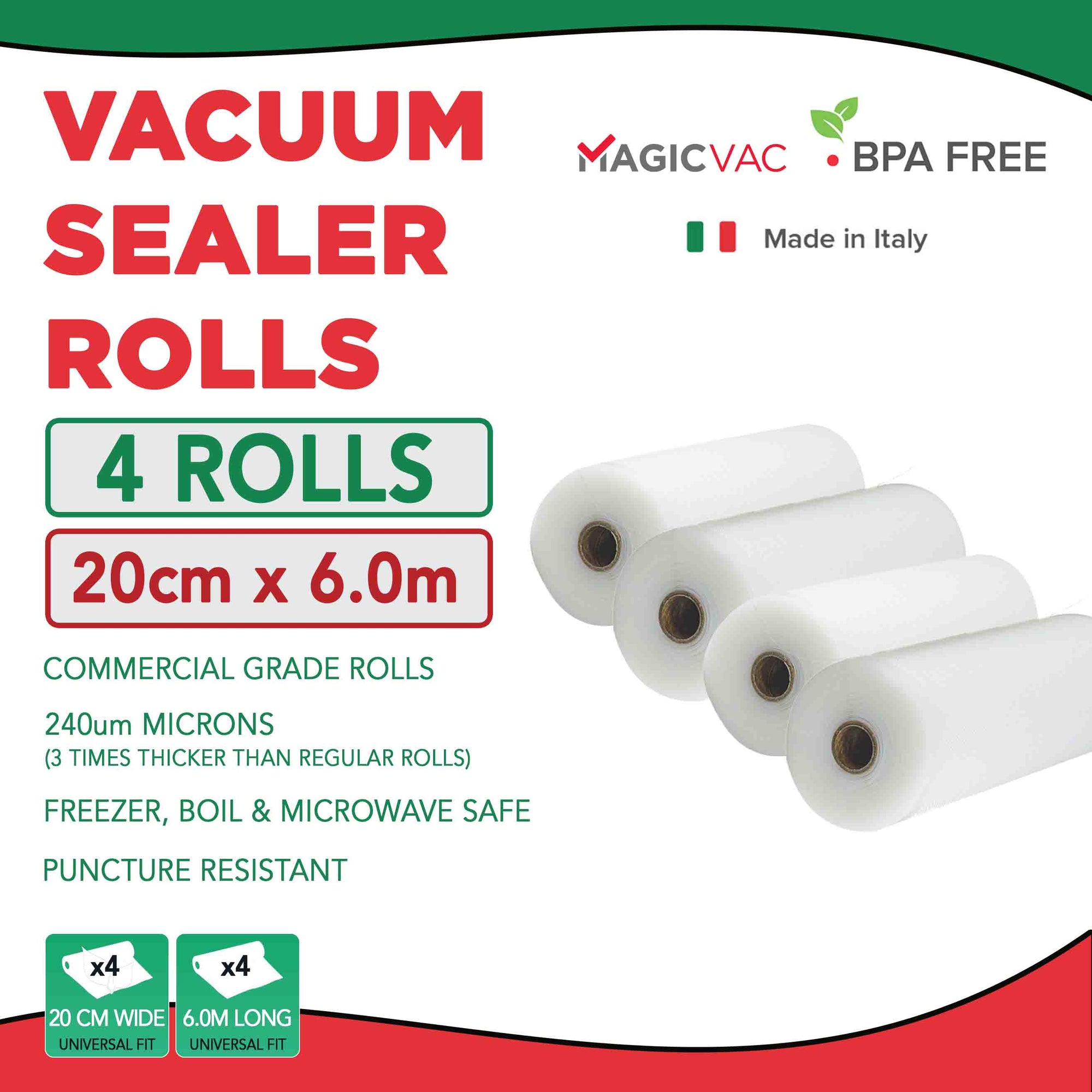 Magic Vac Vacuum Sealer Rolls Made in Italy Thick 240 microns 4 Pack