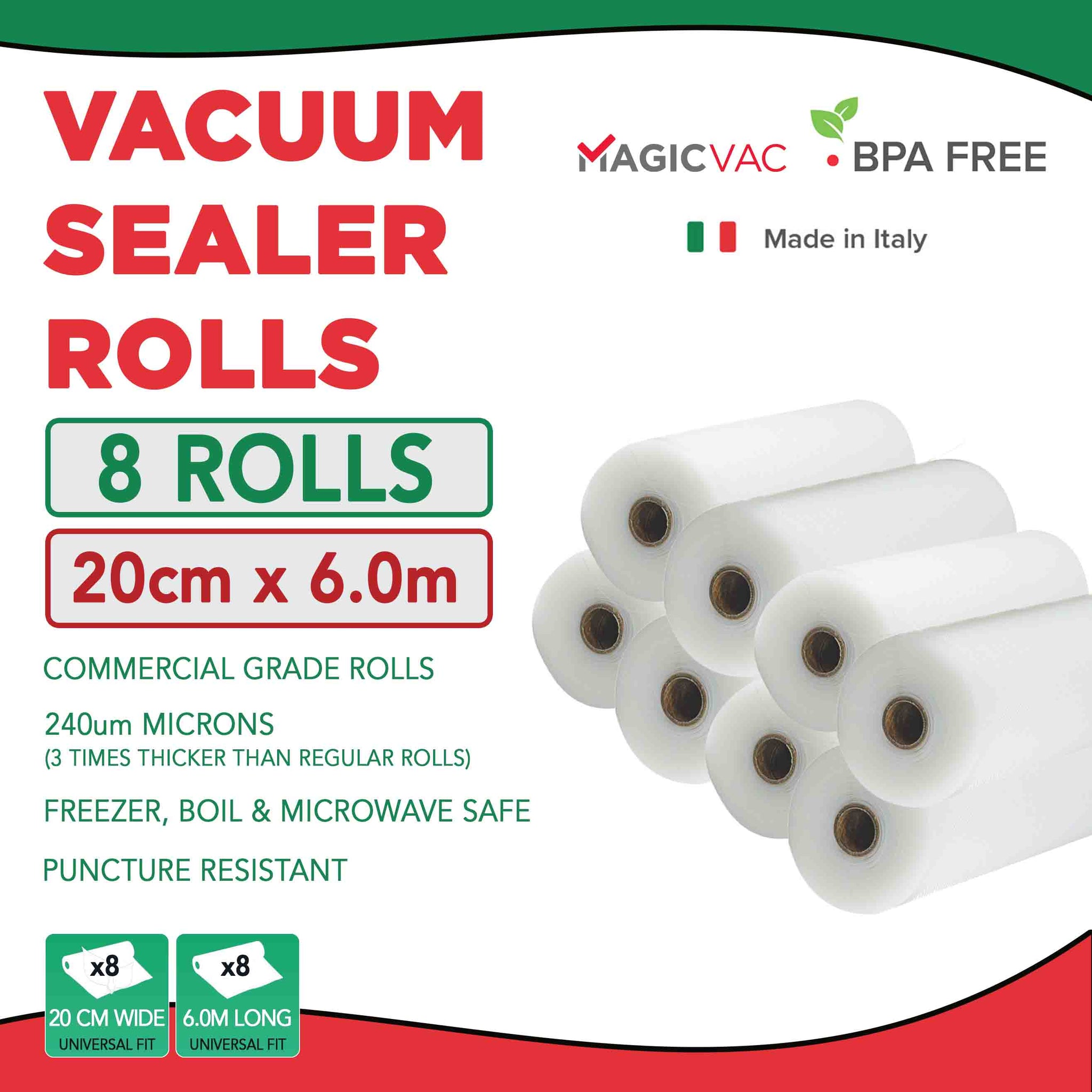 Magic Vac Vacuum Sealer Rolls 20x600cm 8 Pack Made in Italy Sous Vide
